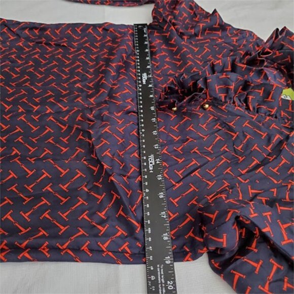 Elizabeth McKay Silk Ruffle Blouse Navy/Red Equestrian Chic T-Bar Print Top Sz 6 - Picture 10 of 13